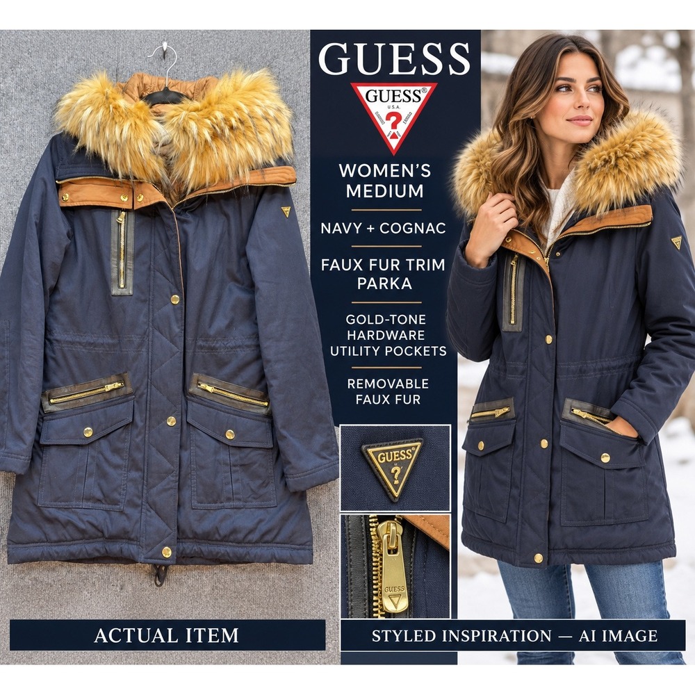 Guess Parka Jacket Women Navy Cognac Faux Fur Trim Hood Gold Hardware M EXCL